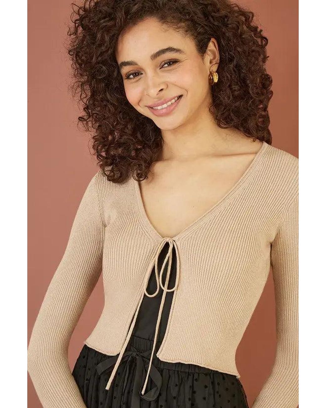 Yumi' Natural Metallic Knitted Ribbed Tie Front Bolero