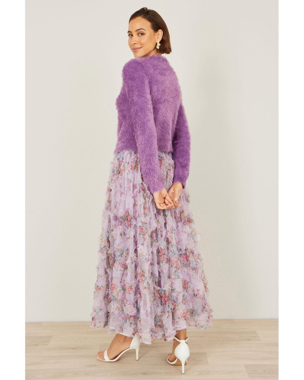 Yumi' Purple Eyelash Knit Cropped Cardigan