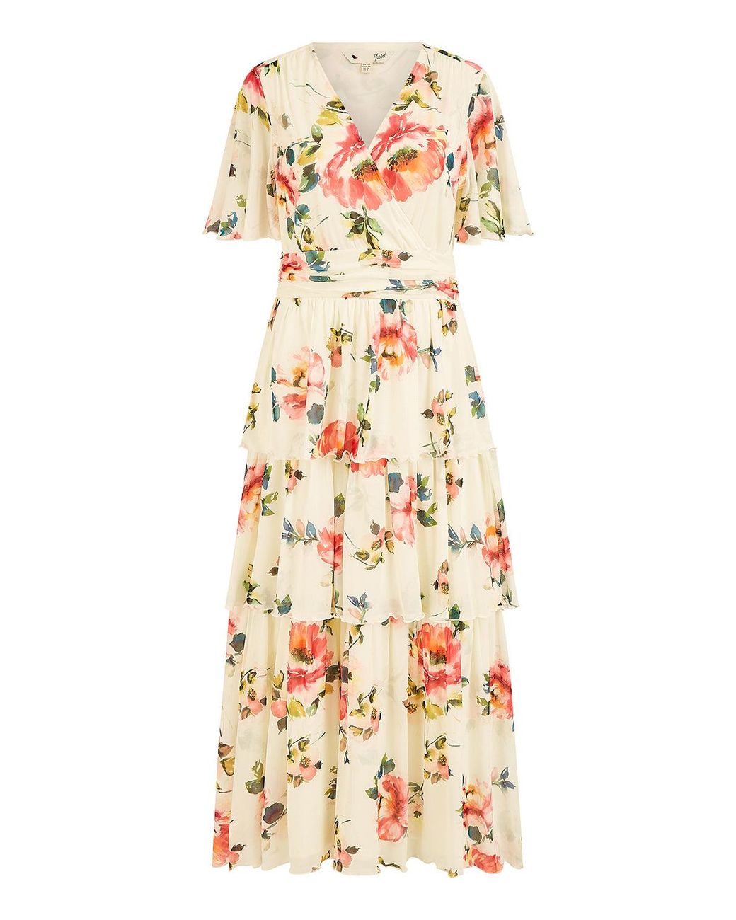 Yumi' Natural Ivory Floral Mesh Tiered Maxi Dress
