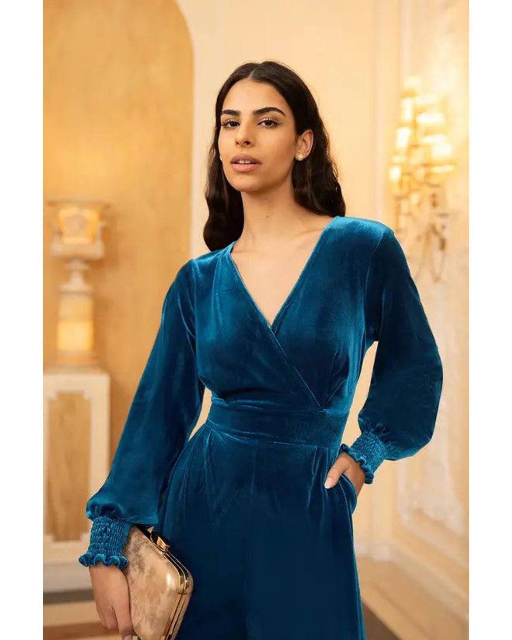 Yumi' Blue Velvet Long Sleeve Jumpsuit
