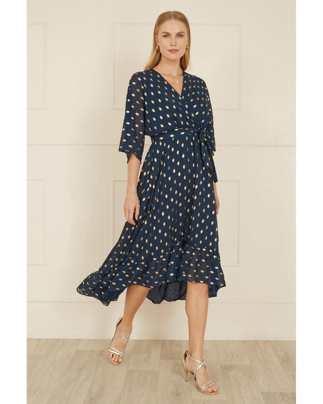 Yumi' Blue Foil Print Wrap Dip Hem Dress