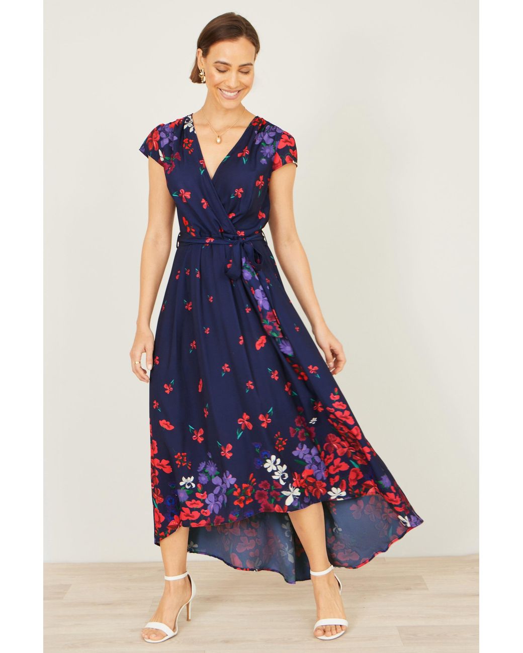 Yumi' Blue Floral Mirror Wrap Dress With Dip Hem