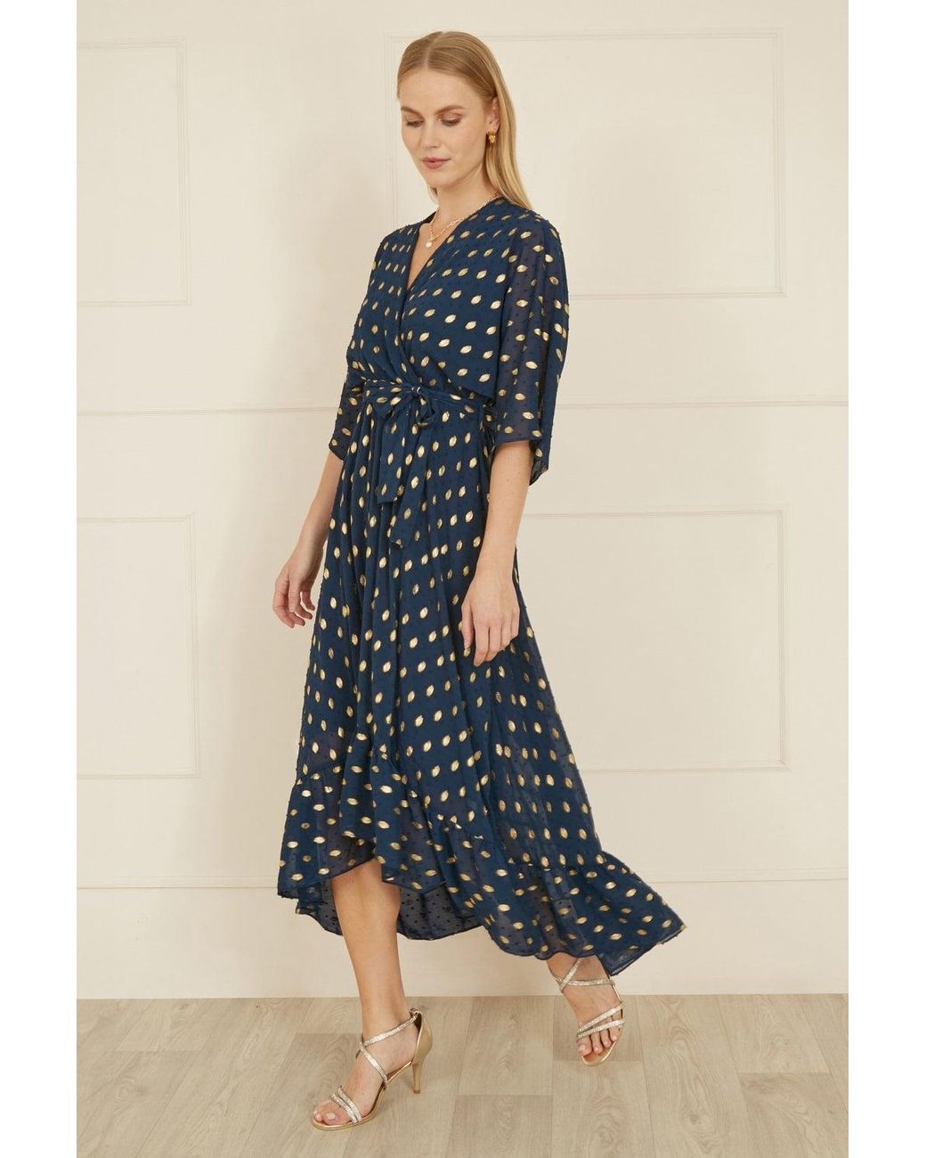 Yumi' Blue Foil Print Wrap Dip Hem Dress