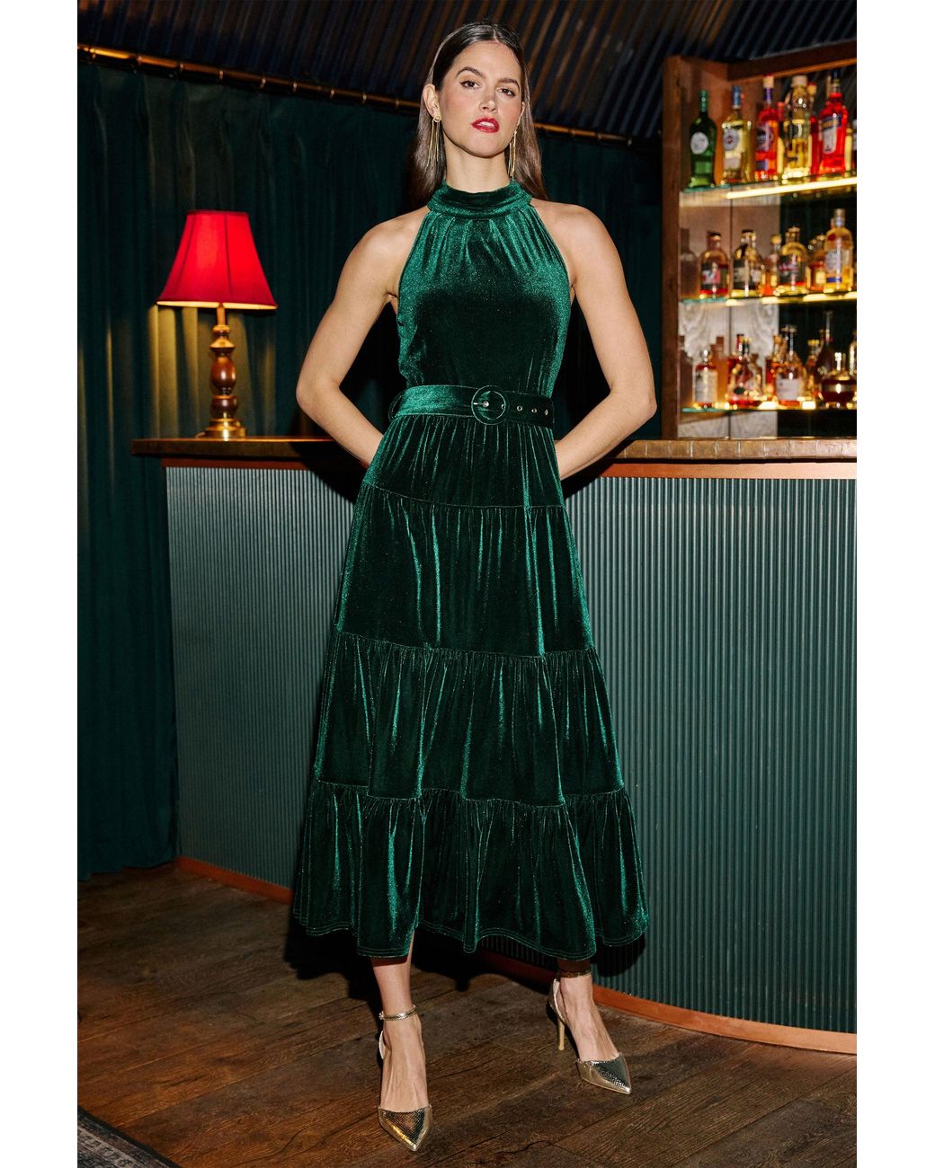 Yumi' Green Velvet Halter Maxi Dress With Belt