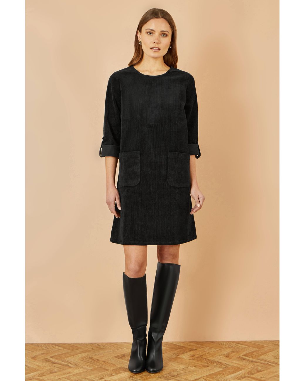 Yumi' Black Cord Tunic Dress With 3/4 Sleeves And Pockets