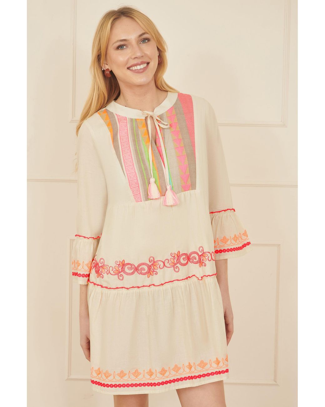 Yumi' Natural Embroidered Cotton Tunic