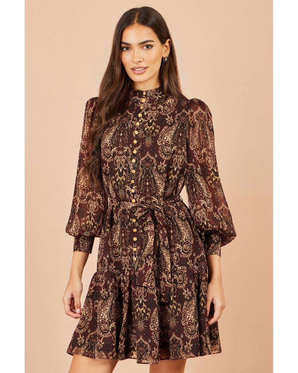 Yumi' Brown Paisley Long Sleeve Shirt Dress