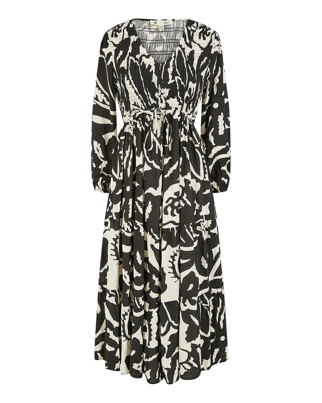 Yumi' Black Abstract Print Ruched Midi Dress With Long Sleeves