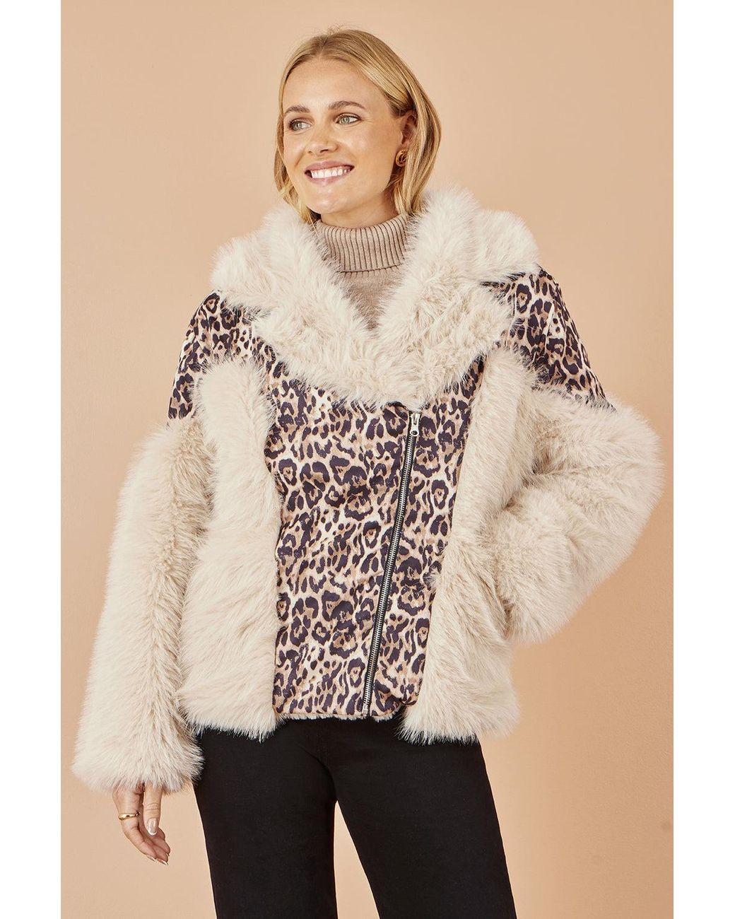 Yumi' Natural Cream Fur Biker Jacket With Leopard Print