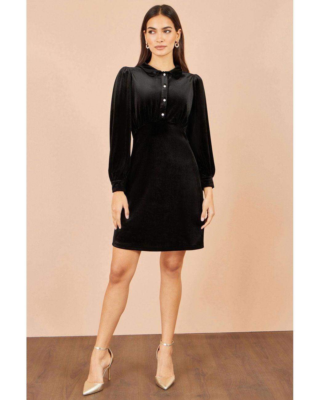 Yumi' Black Velvet Shift Dress With Diamante Buttons