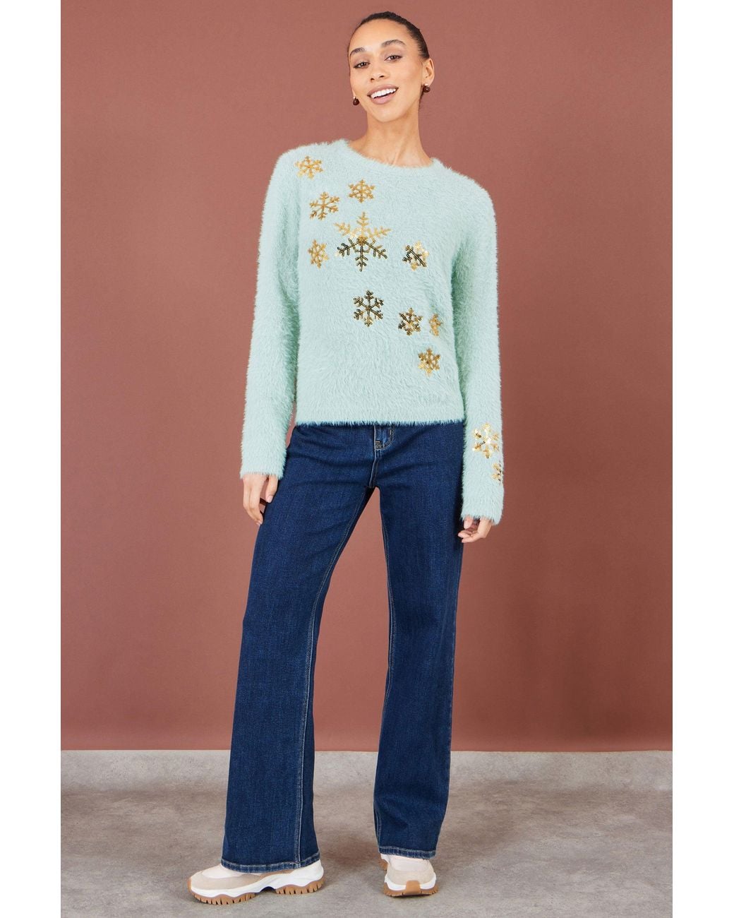 Yumi' Blue Mint Sequin Snowflake Fluffy Jumper