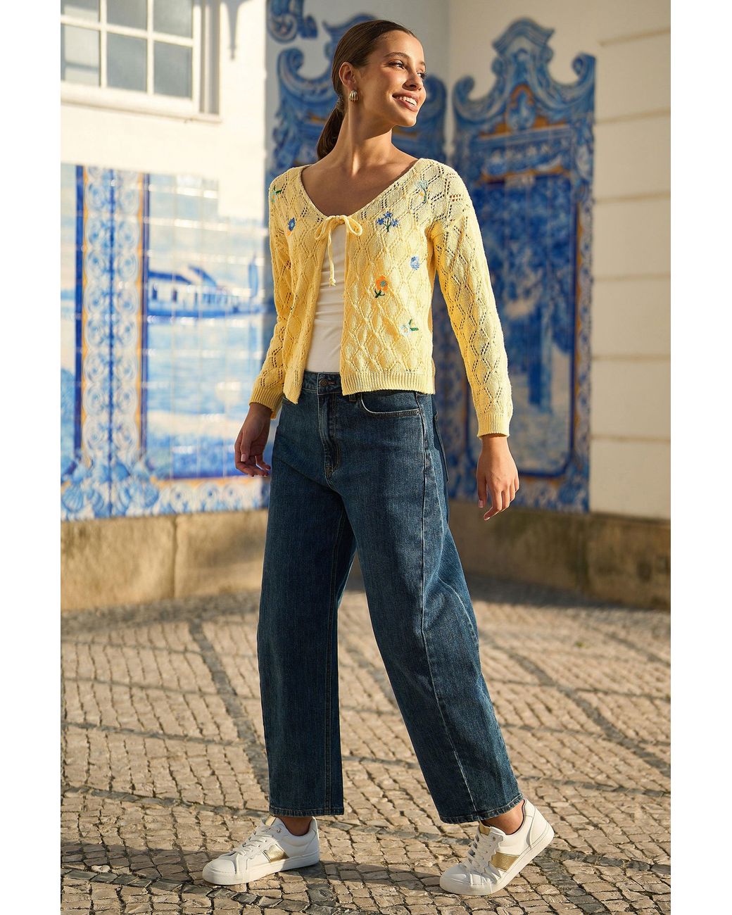 Yumi' Yellow Embroidered Pointelle Cardigan