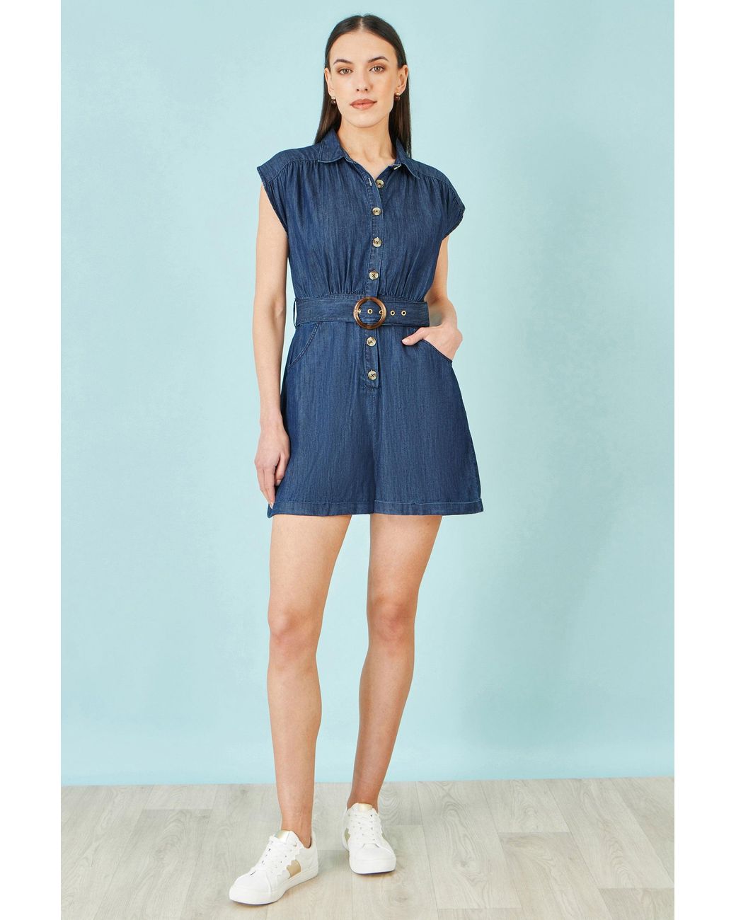 Yumi' Blue Chambray Cotton Playsuit