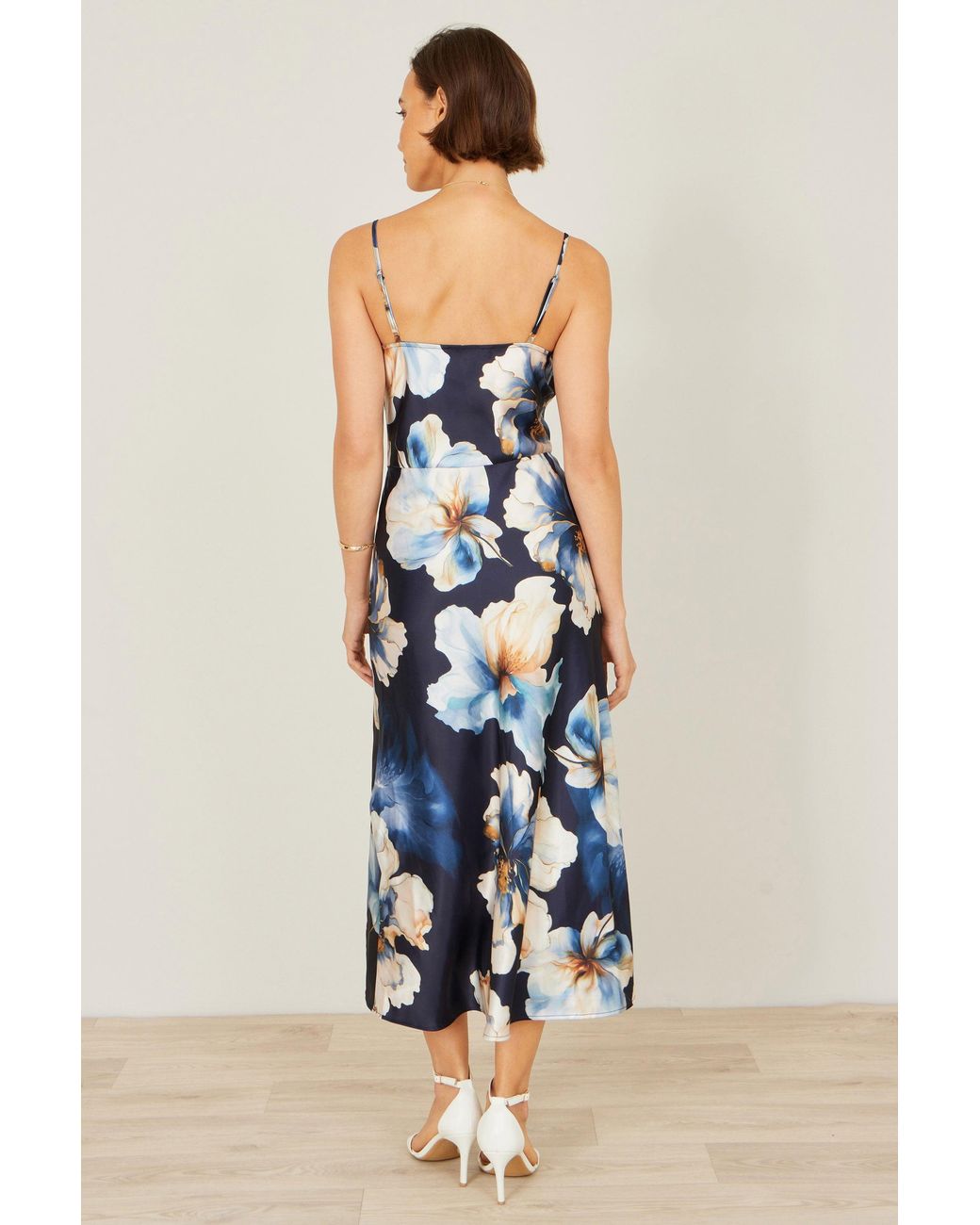 Yumi' Blue Cowl Neck Satin Floral Dress