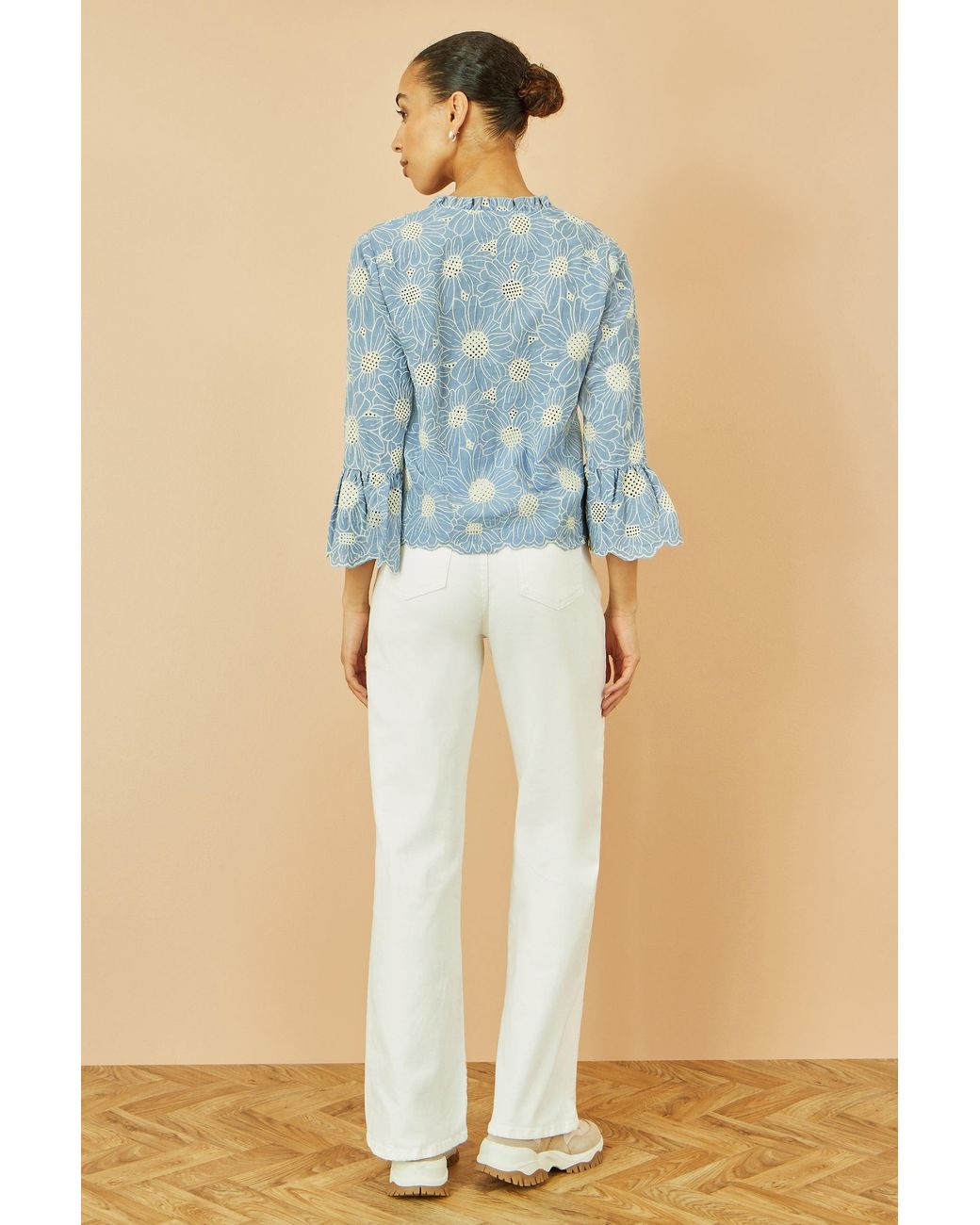 Yumi' Blue Daisy Broderie Shirt With Fluted Sleeves