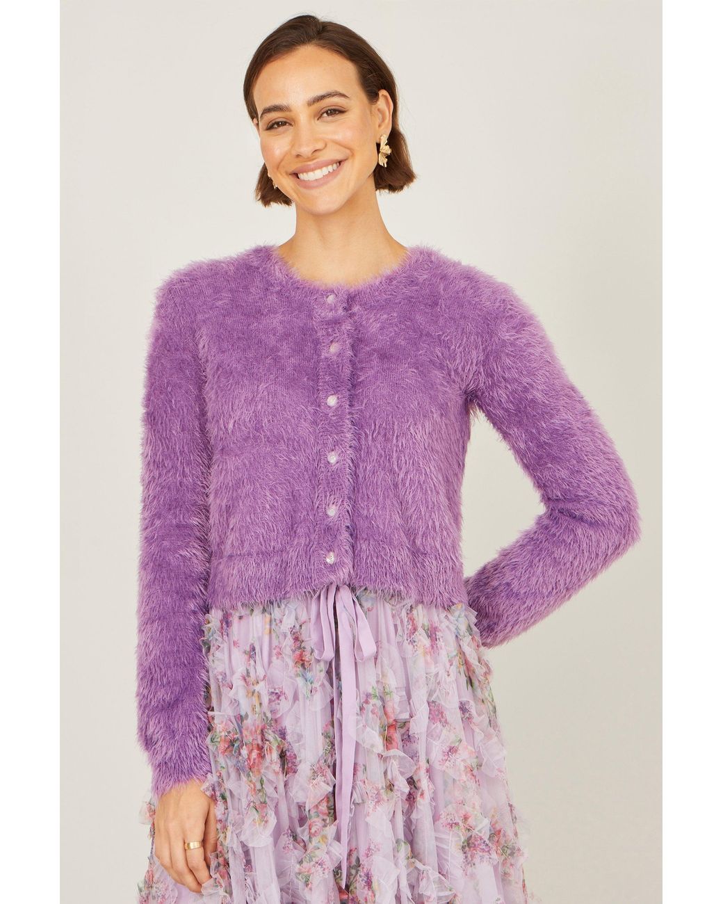 Yumi' Purple Eyelash Knit Cropped Cardigan