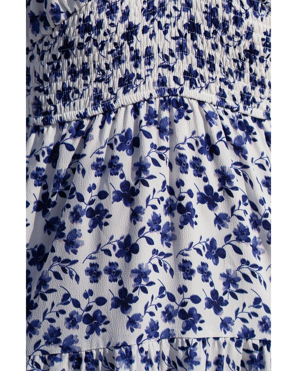 Yumi' Blue Floral Ruched Waist Midi Dress With Angel Sleeves