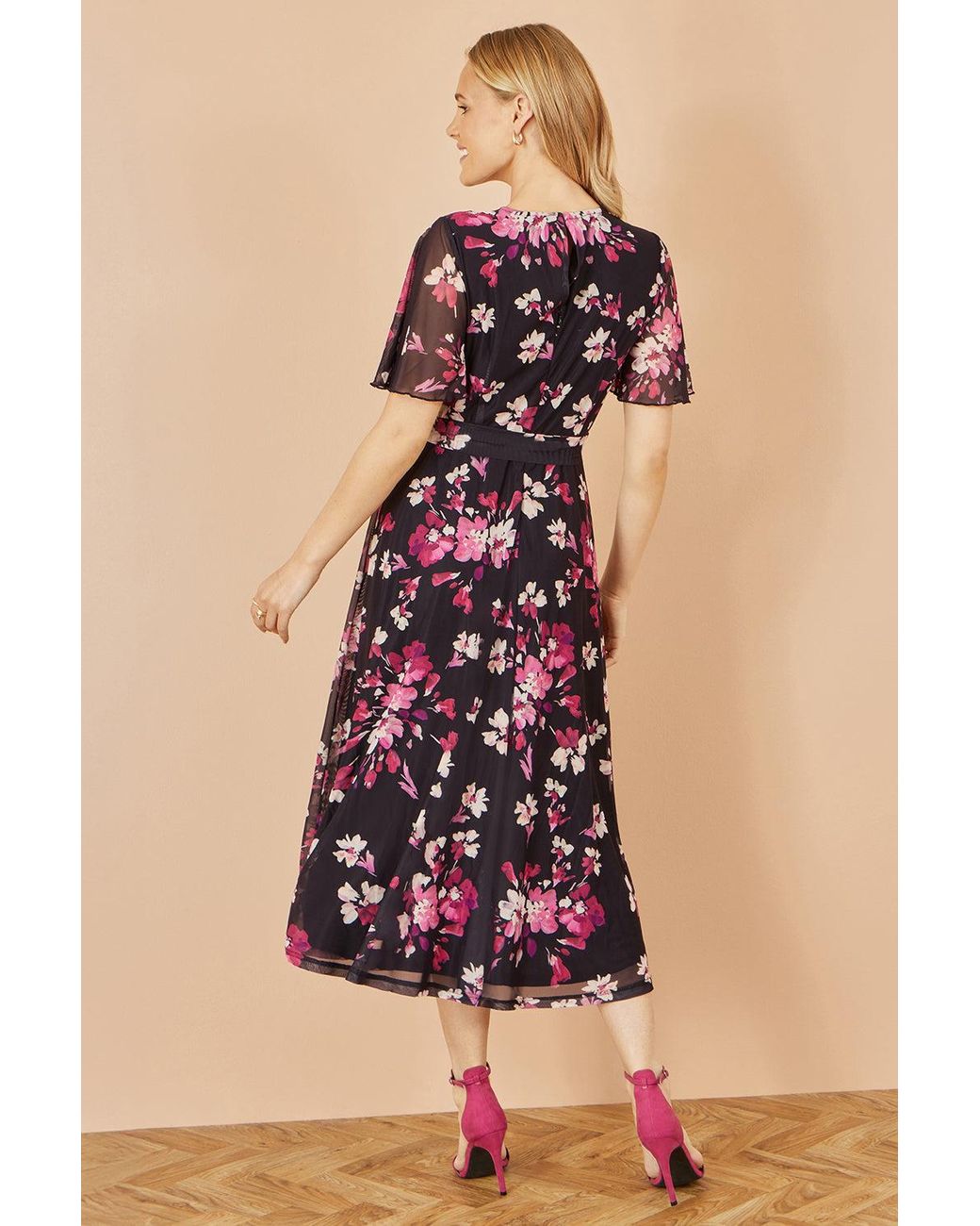 Yumi' Black Mesh Skater Floral Midi Dress