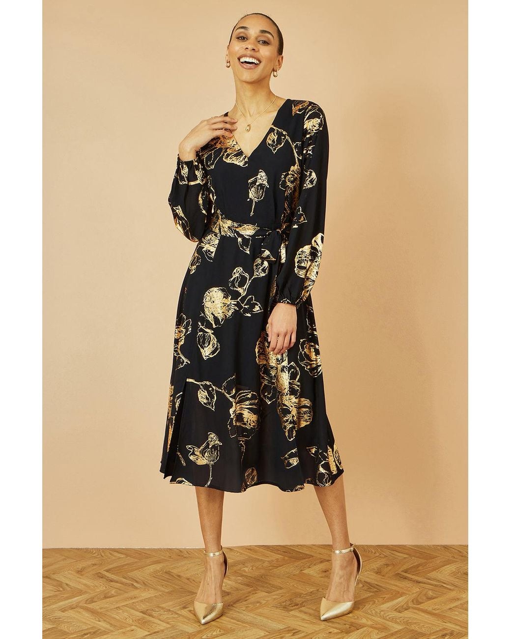 Yumi' Black Foil Rose Print Midi Dress