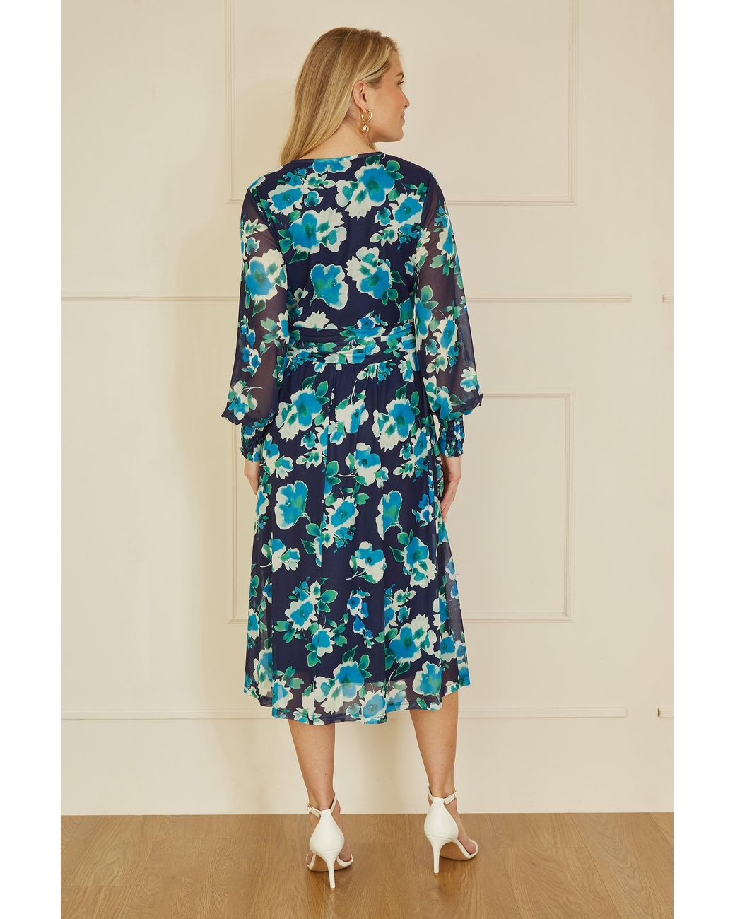 Yumi' Blue Floral Mesh Wrap Dress With Long Sleeves