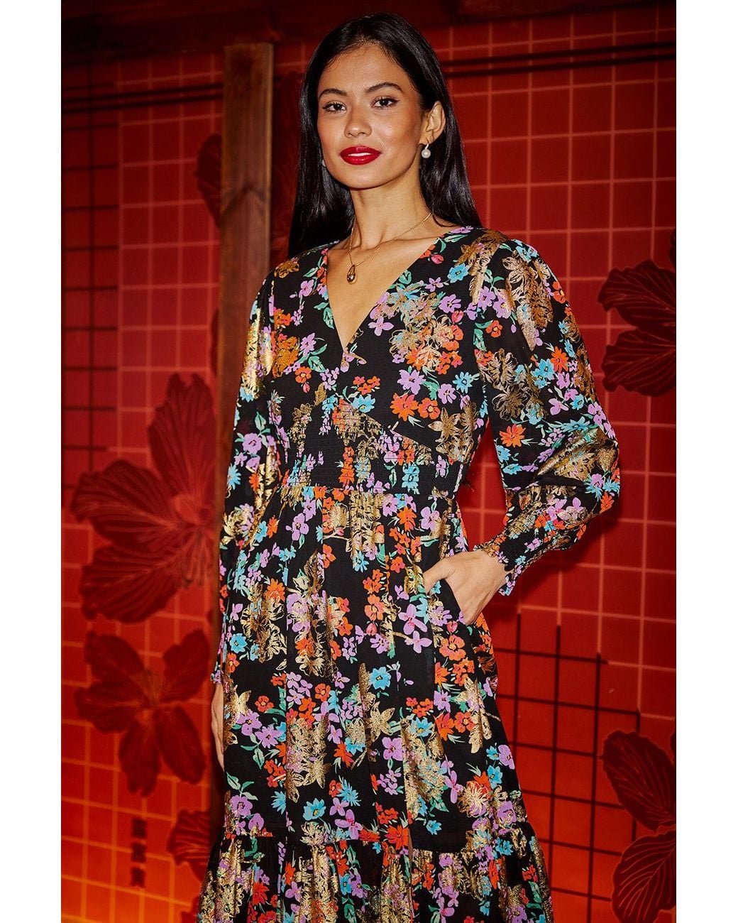 Yumi' Red Floral And Foil Ruched Midi Dress With Split Hemline