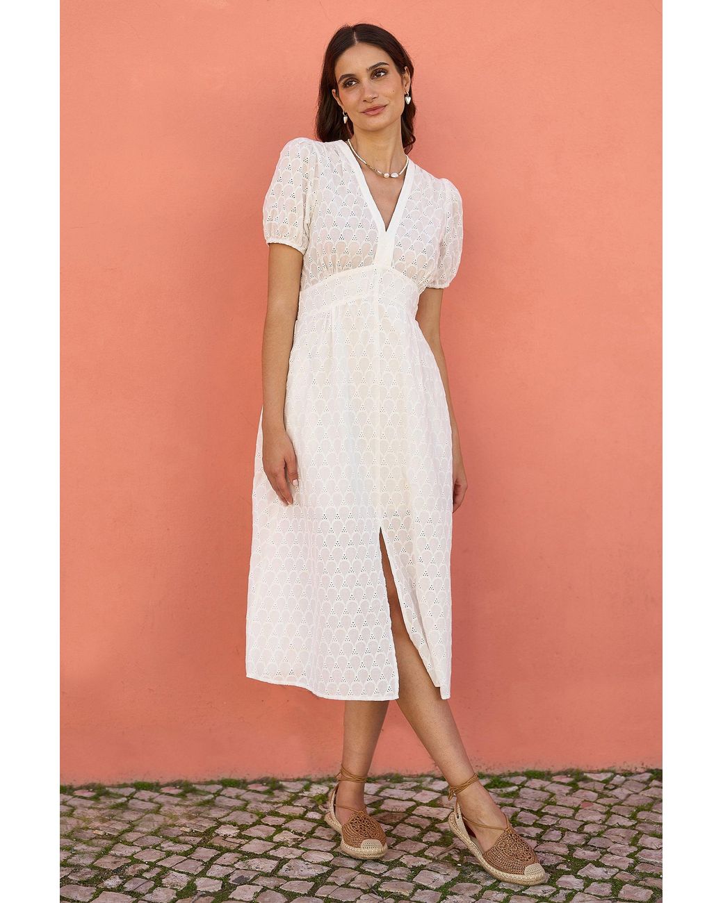 Yumi' Brown Broderie Anglaise Midi Dress With Split Hemline