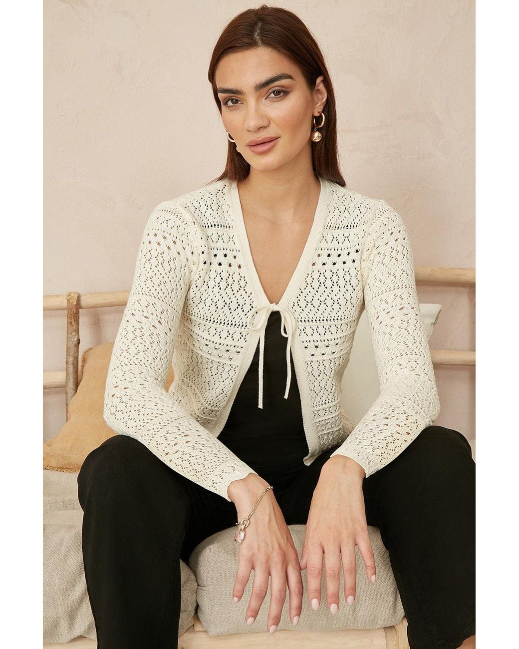 Yumi' Natural Crochet Tie Front Cardigan