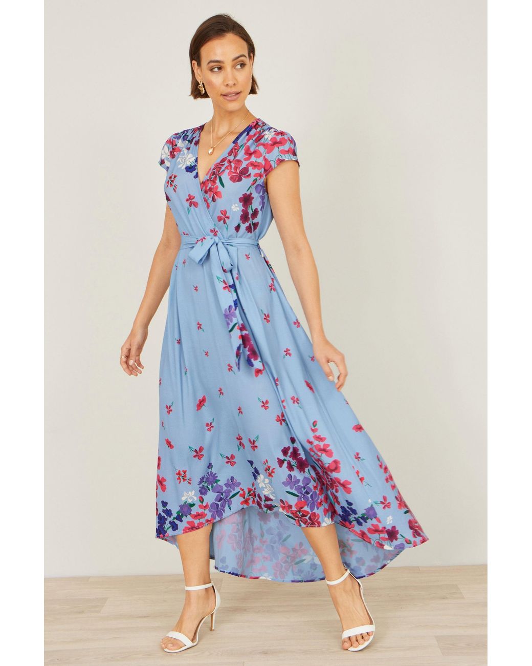 Yumi' Blue Floral Mirror Wrap High Low Midi Wrap Dress