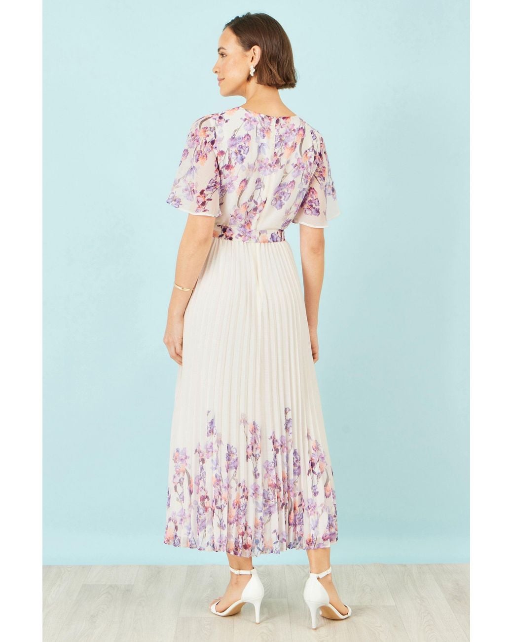 Yumi' White Ivory Floral Mirror Pleated Midi Dress