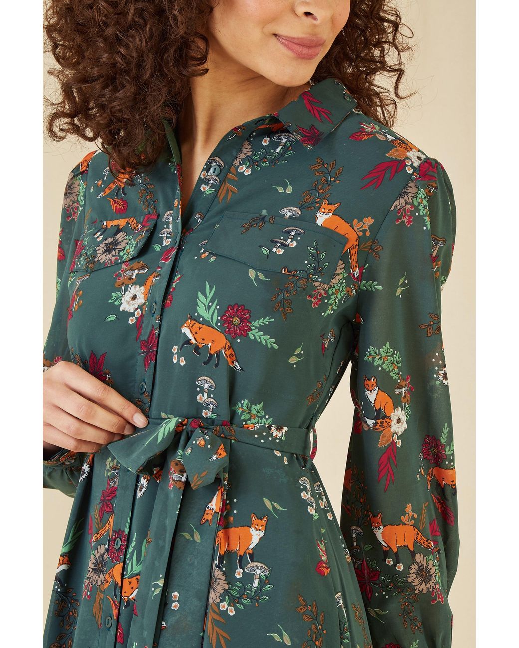 Yumi' Blue Recycled Fox Print Shirt Midi Dress