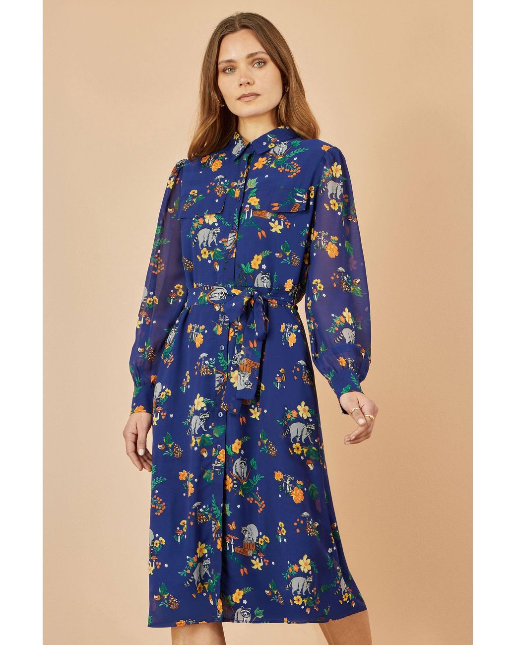 Yumi' Blue Recycled Raccoon Print Shirt Midi Dress