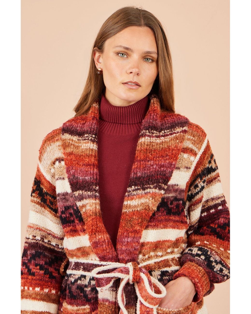 Yumi' Red Stripe Fairisle Soft Wrap Cardigan