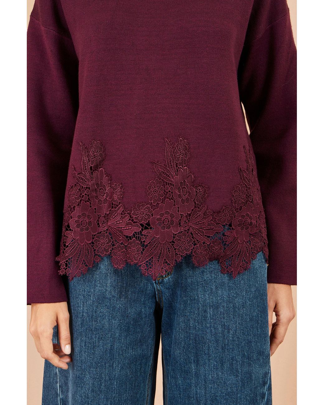 Yumi' Purple Viscose Relaxed Jumper With Lace Trim