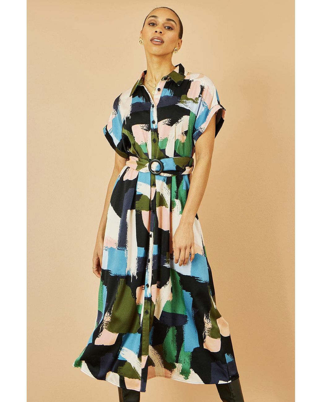 Yumi' Blue Brushstroke Print Relaxed Midi Shirt Dress