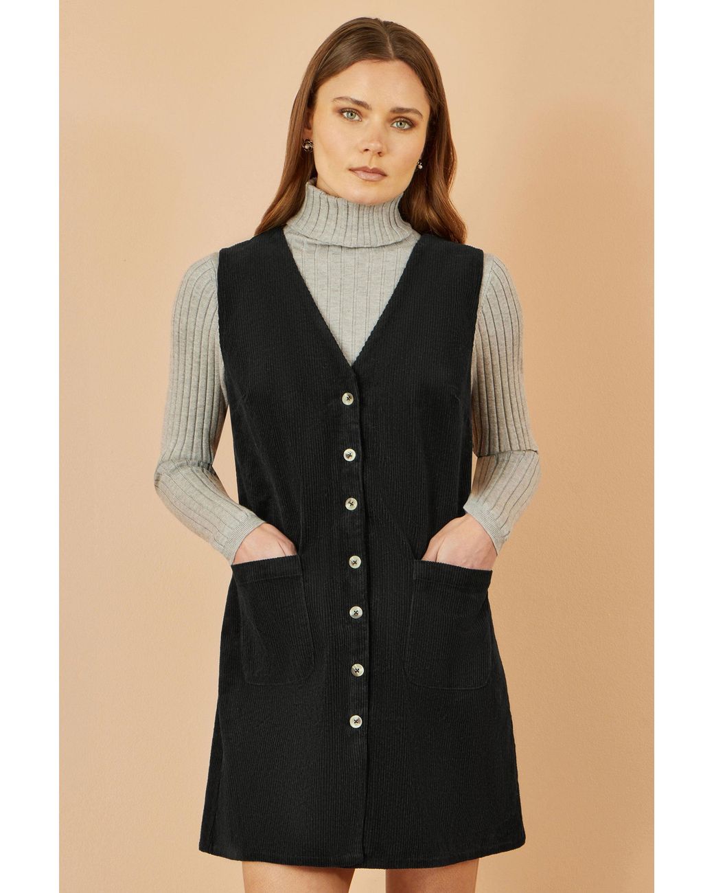 Yumi' Black Cord Button Through Pinafore Dress With Pockets