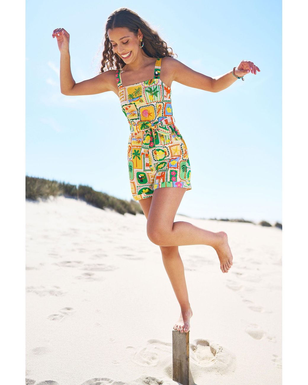 Yumi' Multicolor Multicolour Cotton Postcard Print Playsuit