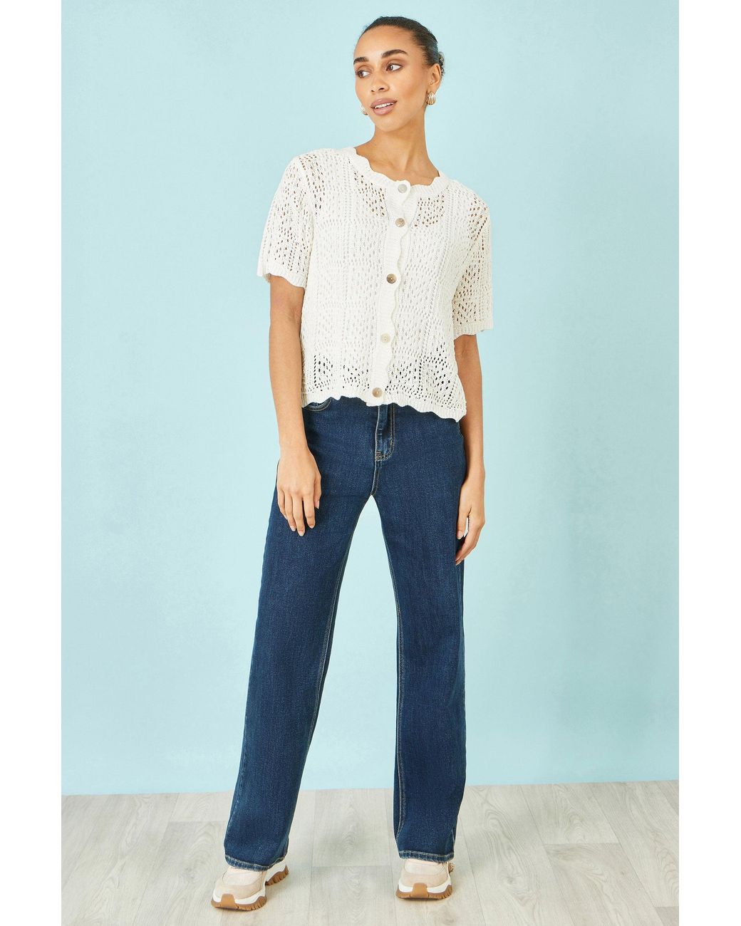Yumi' White Crochet Short Sleeve Cardigan