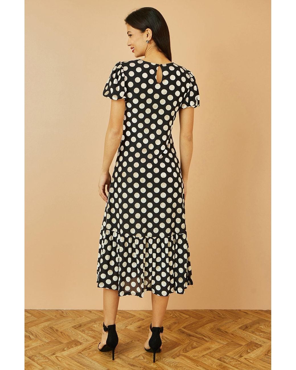 Yumi' Black Velvet Spot Print Twist Knot Waist Midi Dress