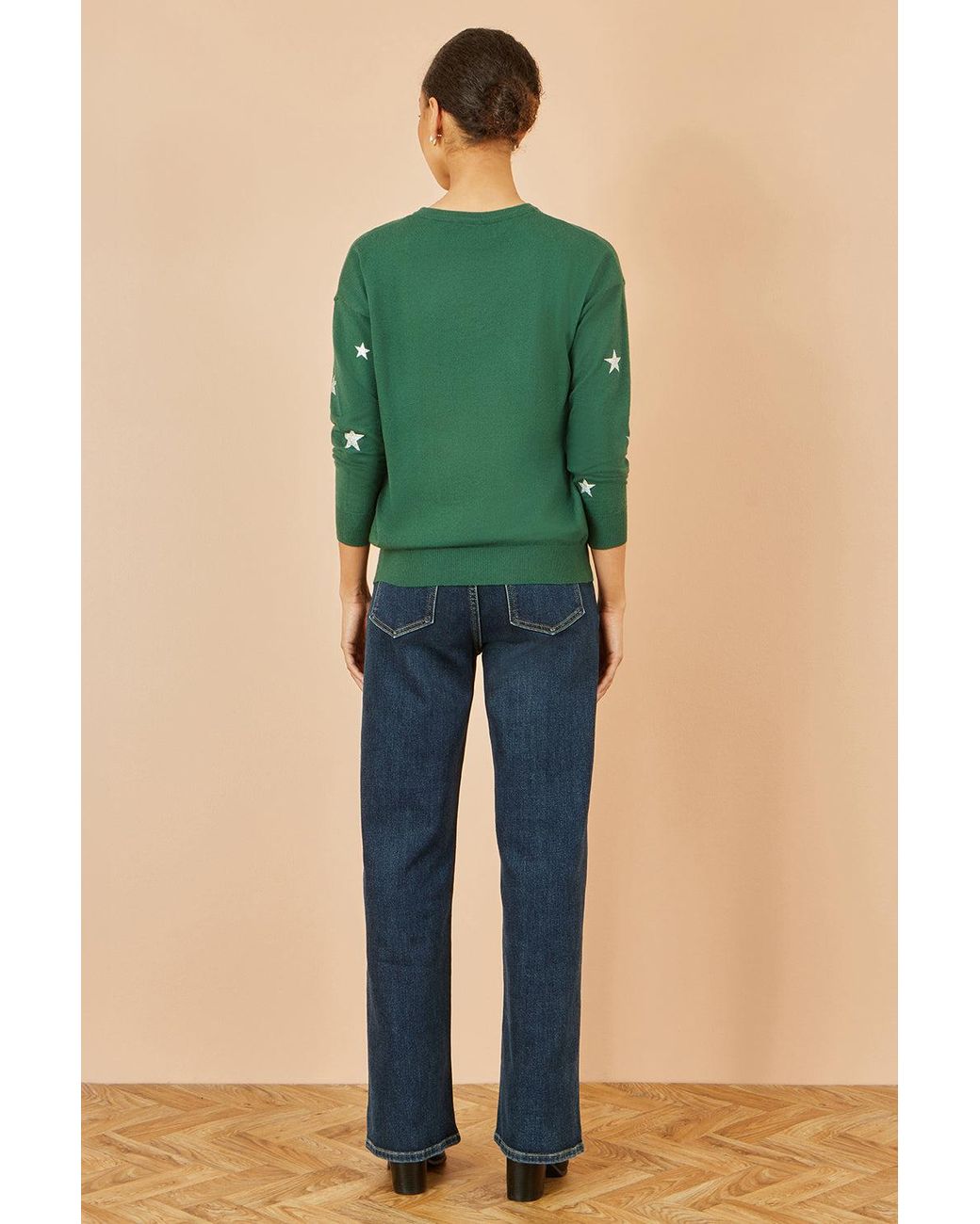 Yumi' Green Foil Star Print Relaxed Fit Jumper