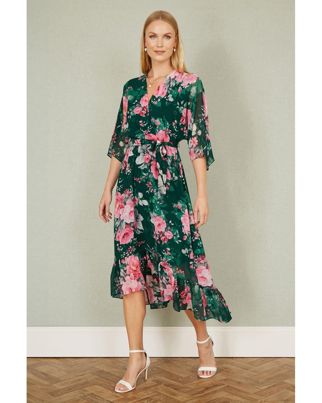 Yumi' Green Dark Kimono Sleeves Midi Dip Hem Wrap Midi Dress