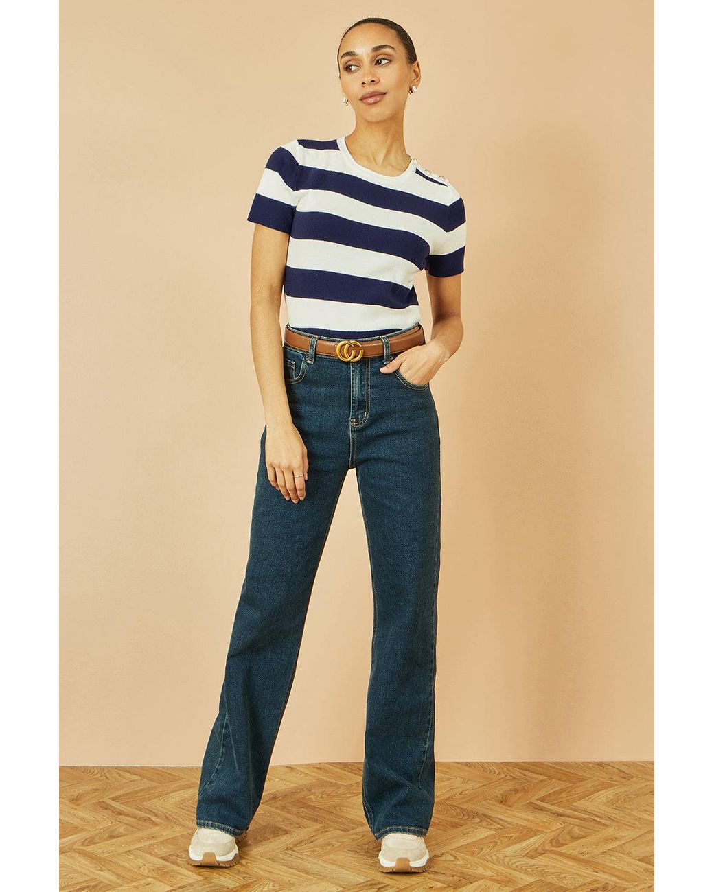 Yumi' Blue Block Stripe Knitted Top With Button Details