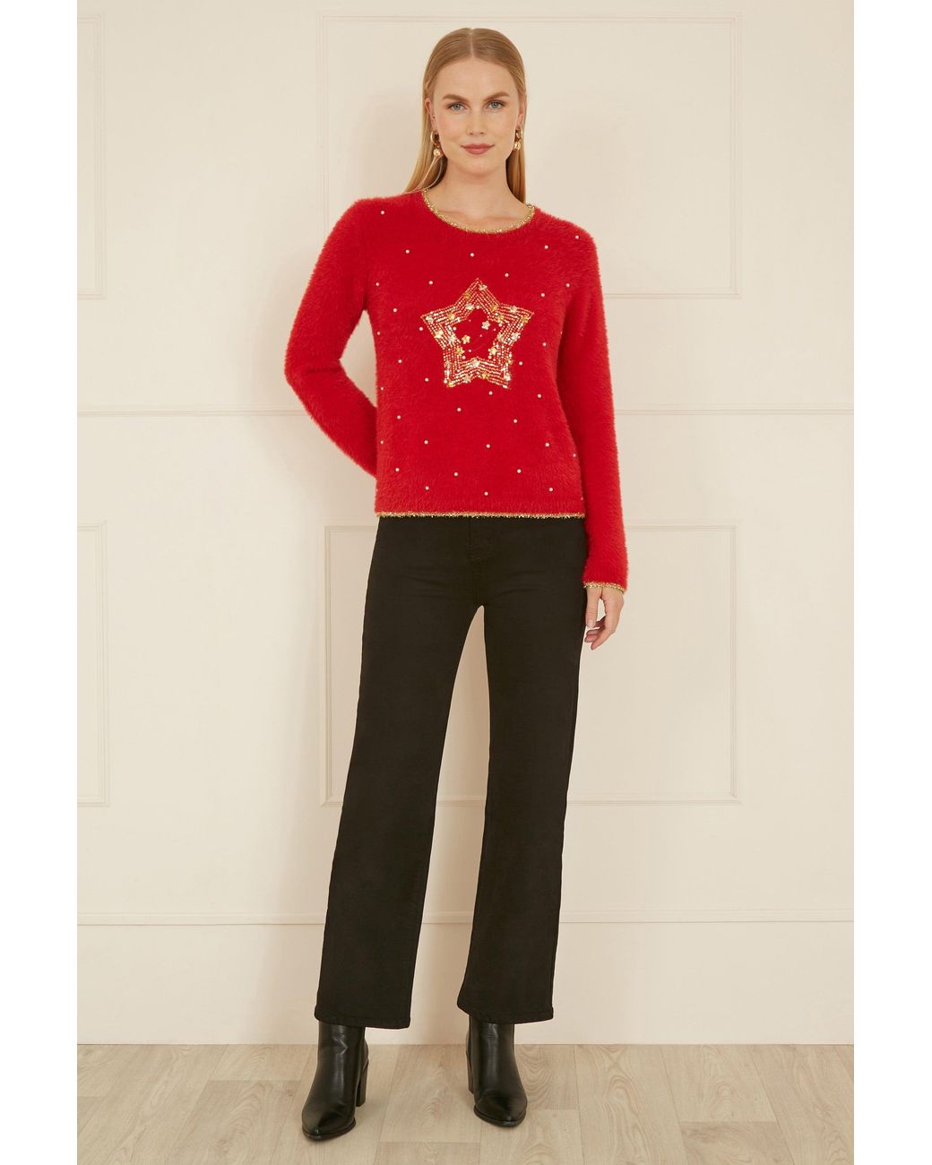 Yumi' Red Knitted Fluffy Christmas Star Jumper