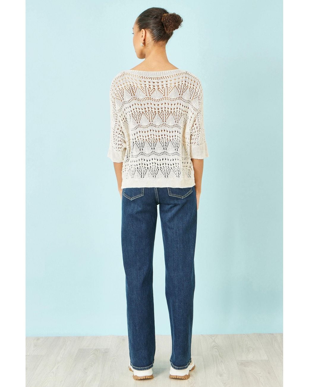 Yumi' White Cotton Mix Relaxed Fit Pointelle Jumper