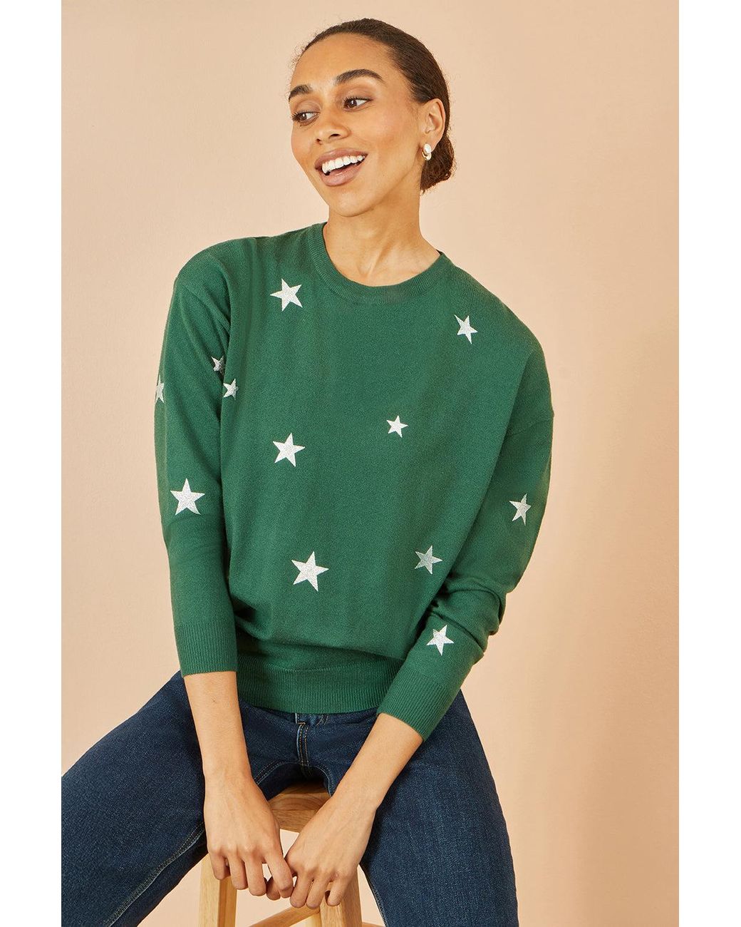 Yumi' Green Foil Star Print Relaxed Fit Jumper