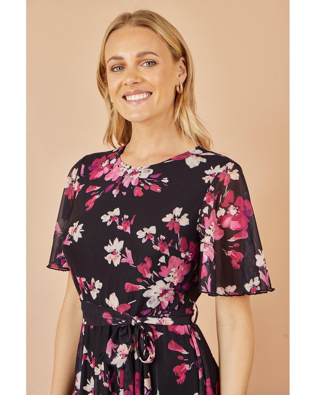 Yumi' Black Mesh Skater Floral Midi Dress