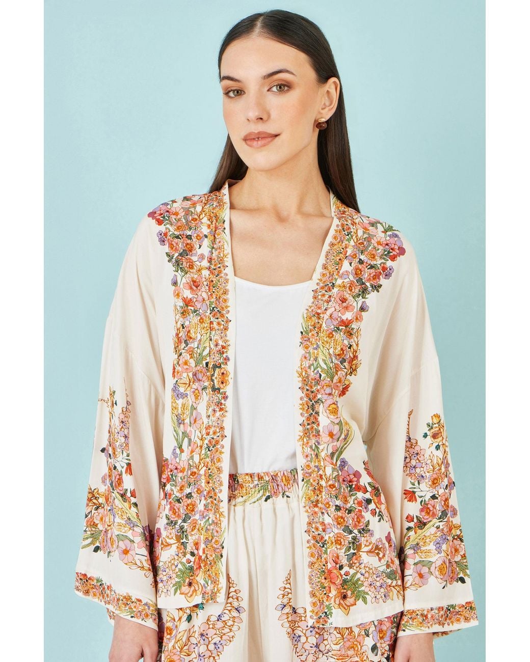 Yumi' Blue Viscose Floral Border Kimono With Tie Belt