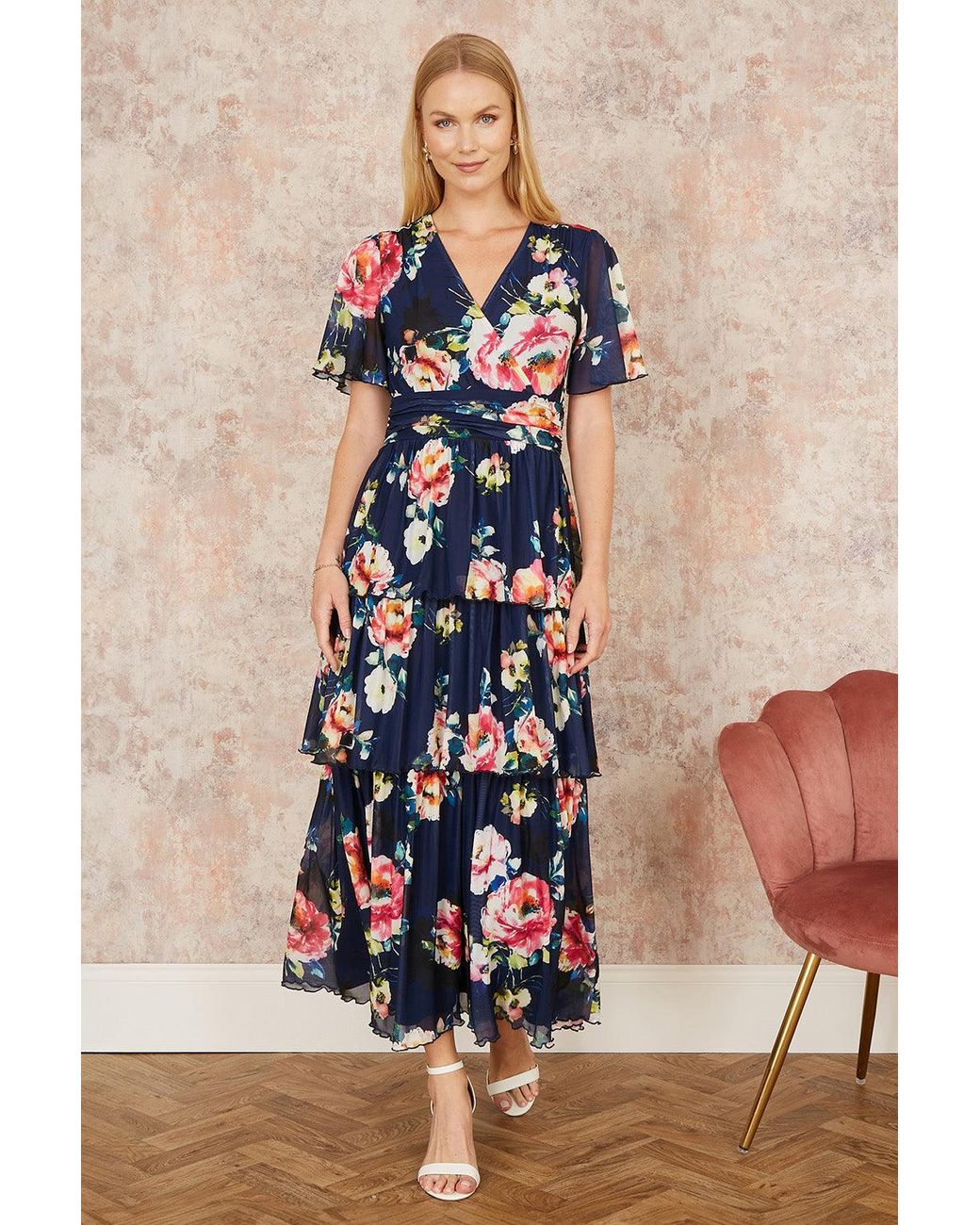 Yumi' Blue Floral Mesh Tiered Maxi Dress