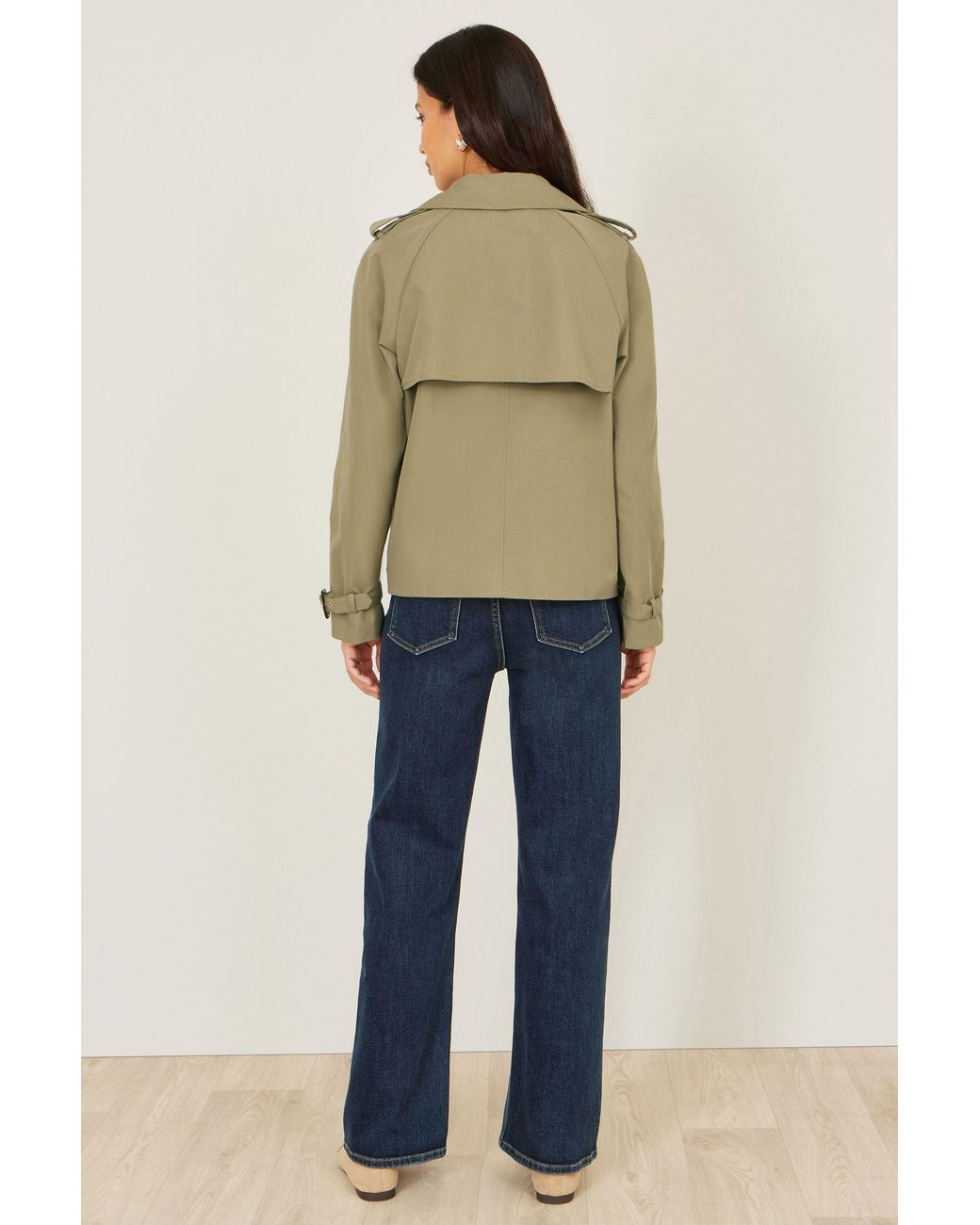 Yumi' Natural Cropped Trench Jacket With Pockets And Check Lining