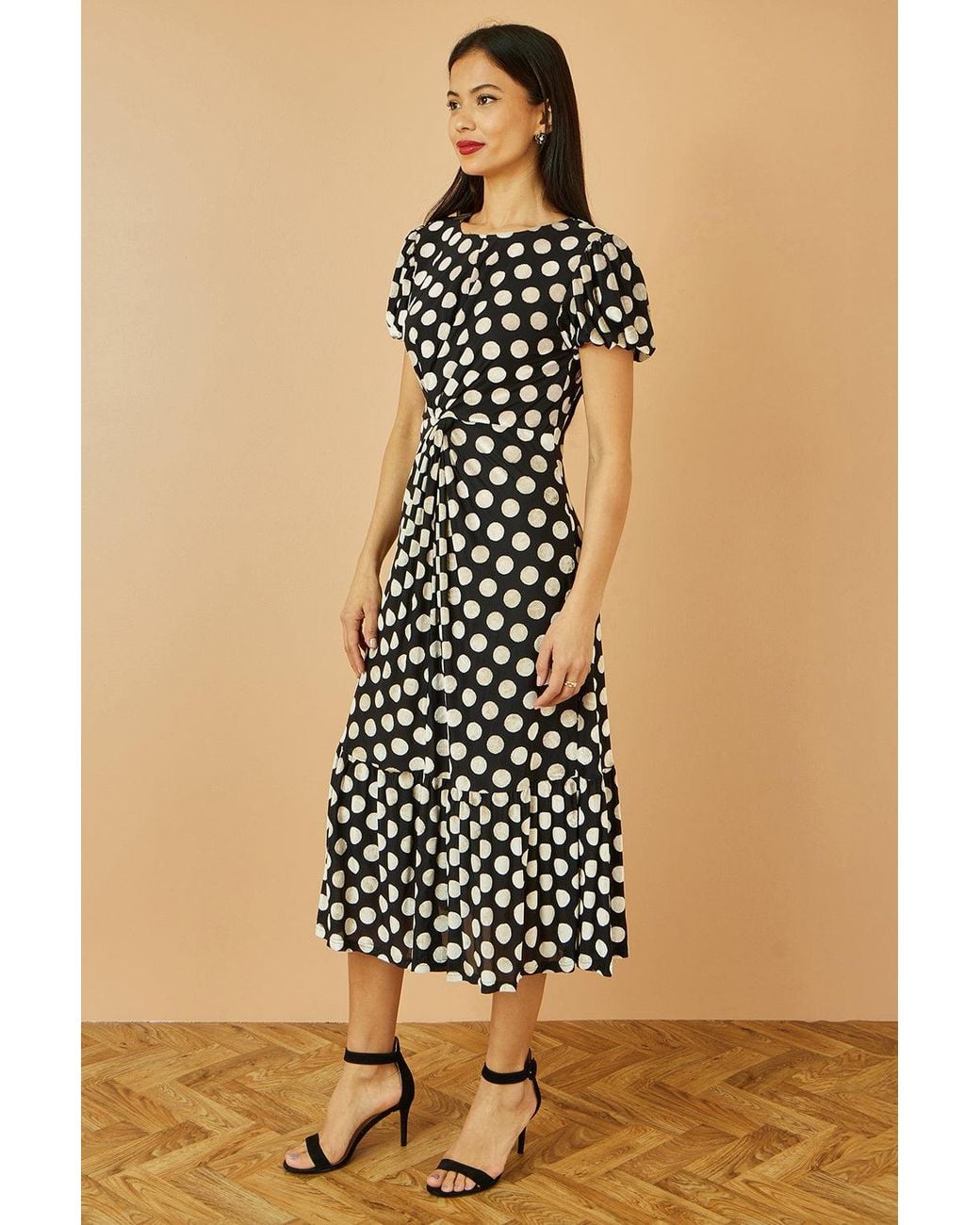 Yumi' Black Velvet Spot Print Twist Knot Waist Midi Dress