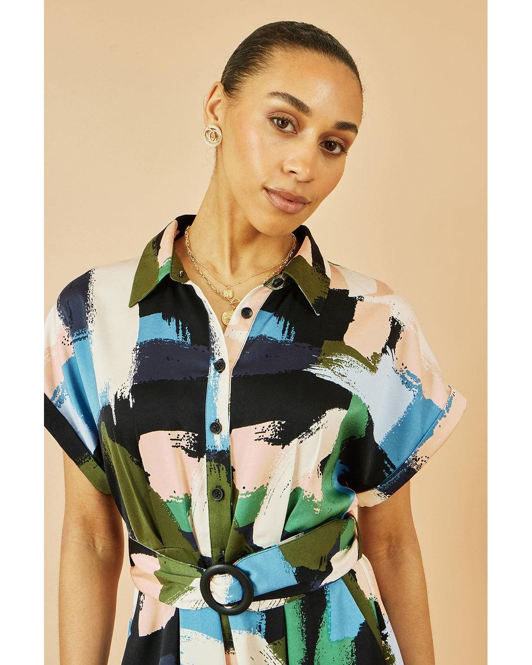 Yumi' Blue Brushstroke Print Relaxed Midi Shirt Dress